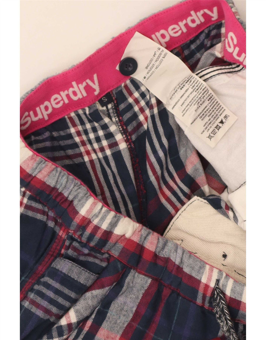 Hot Pants Feminino Superdry Pequeno W28 Algodão Xadrez Azul Marinho