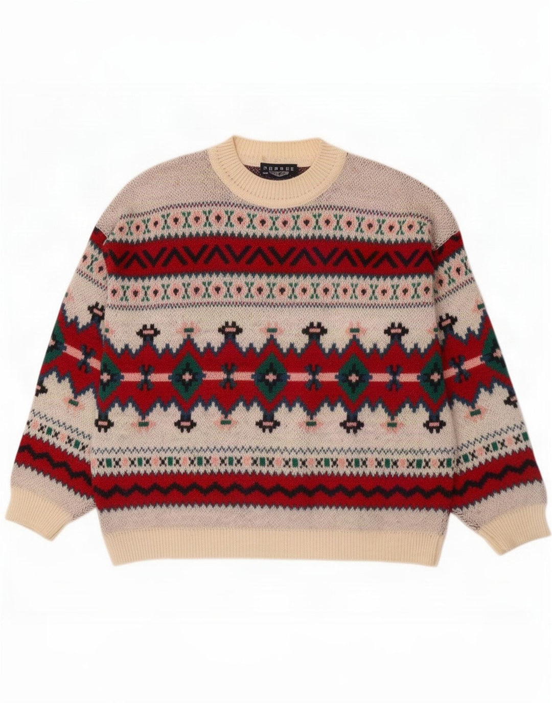 Suéter vintage masculino com gola redonda XL de lã geométrica multicolorida