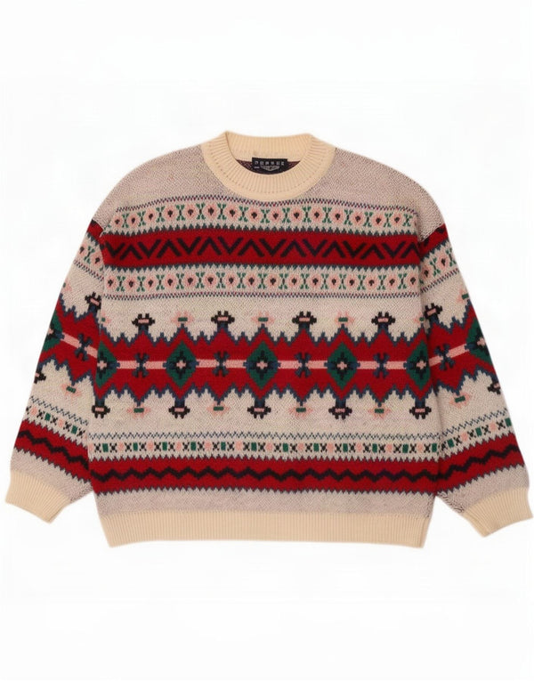 Suéter vintage masculino com gola redonda XL de lã geométrica multicolorida