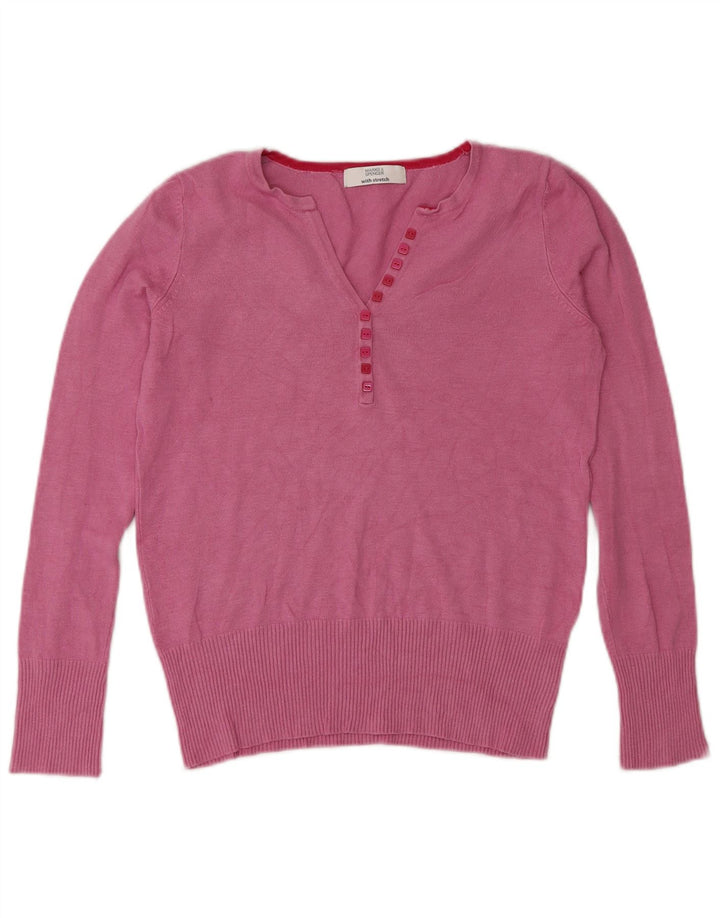 Suéter feminino Marks & Spencer com gola redonda e botão, Reino Unido 8, pequeno, rosa, viscose
