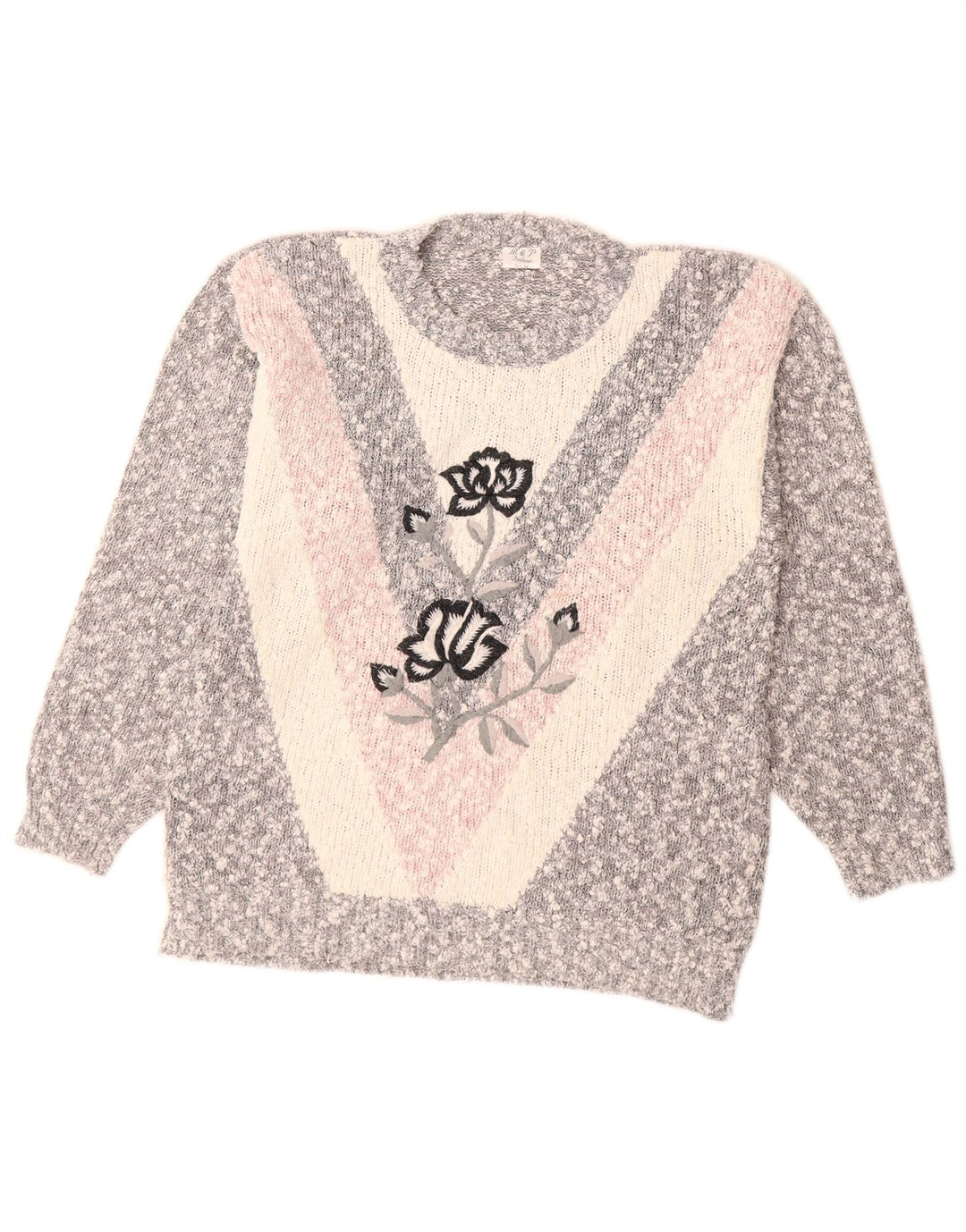Suéter feminino VINTAGE com gola redonda UK 14 bloco colorido cinza médio