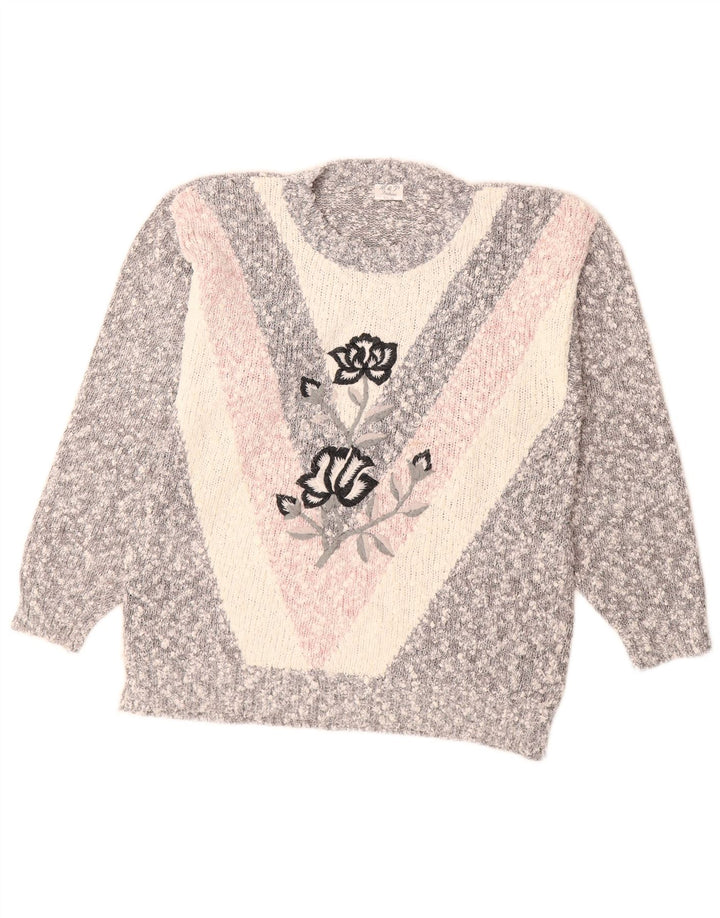 Suéter feminino VINTAGE com gola redonda UK 14 bloco colorido cinza médio