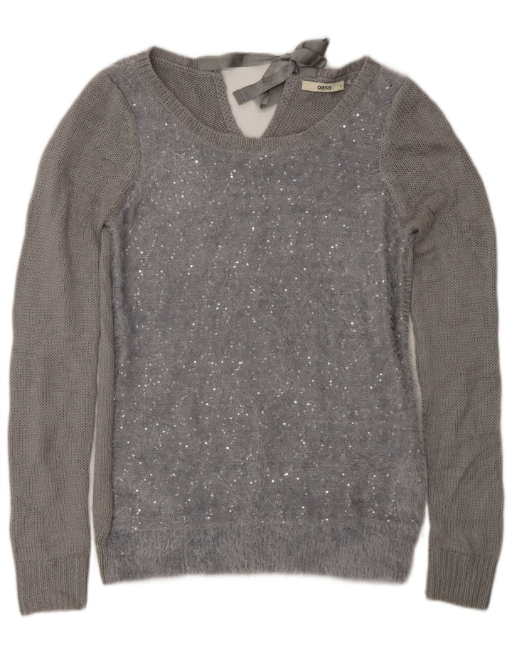 Suéter feminino Oasis com gola canoa UK 10 poliamida cinza pequena