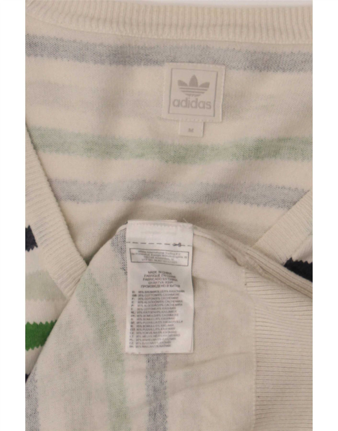 Suéter masculino Adidas com decote em V, médio, listrado multicolorido de algodão