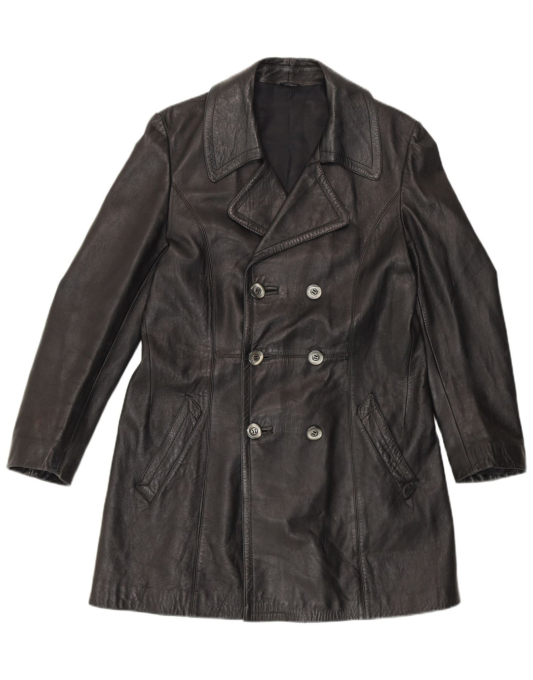 Casaco feminino de couro com peito duplo VINTAGE UK 14 médio preto
