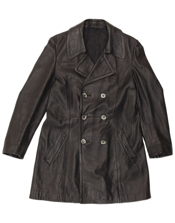 Casaco feminino de couro com peito duplo VINTAGE UK 14 médio preto