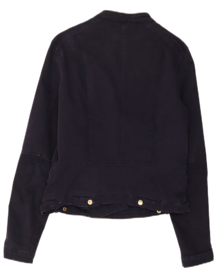 Zara Womens Crop Biker Jacket UK 14 Grande Algodão Azul Marinho