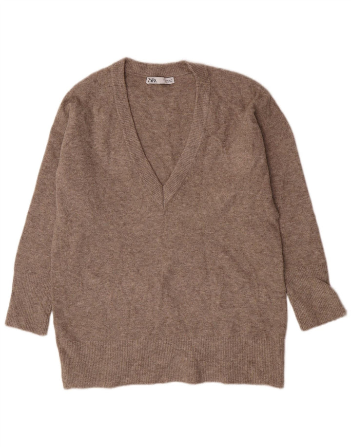 Zara Suéter feminino oversized com decote em V Reino Unido 10 pequeno marrom manchado