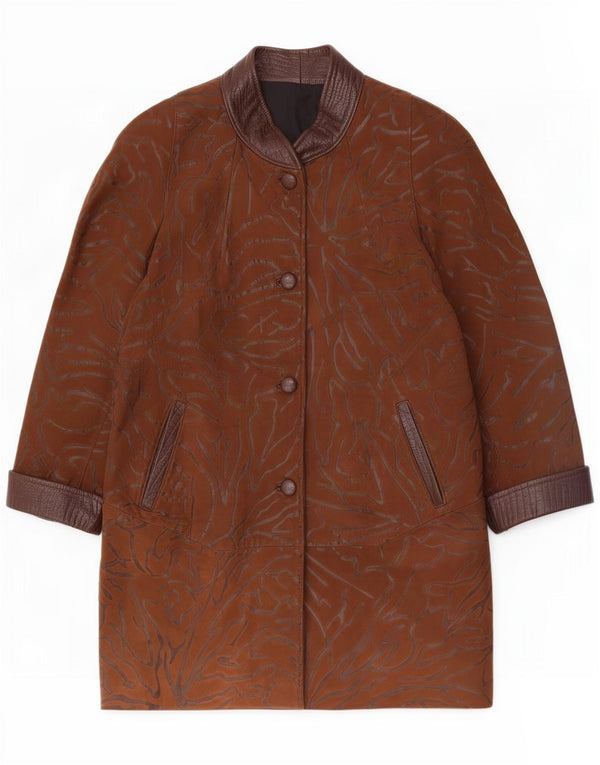 Casaco de couro feminino vintage UK 18 XL marrom animal print