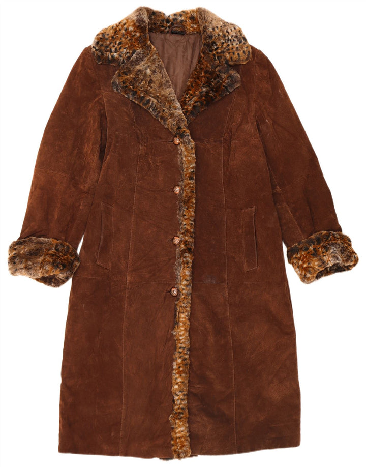 Sobretudo de camurça vintage feminino Reino Unido 14 grande couro marrom com estampa animal