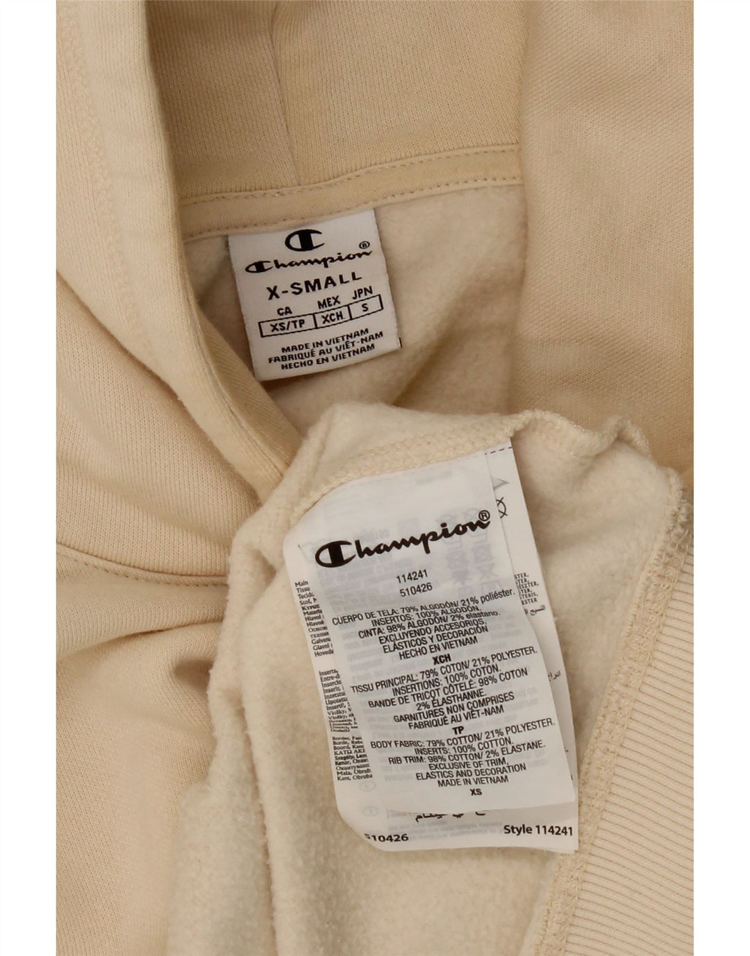 CHAMPION Womens Oversized Hoodie Jumper UK 6 XS Off White Cotton Vintage Champion and Second-Hand Champion from Messina Hembry 