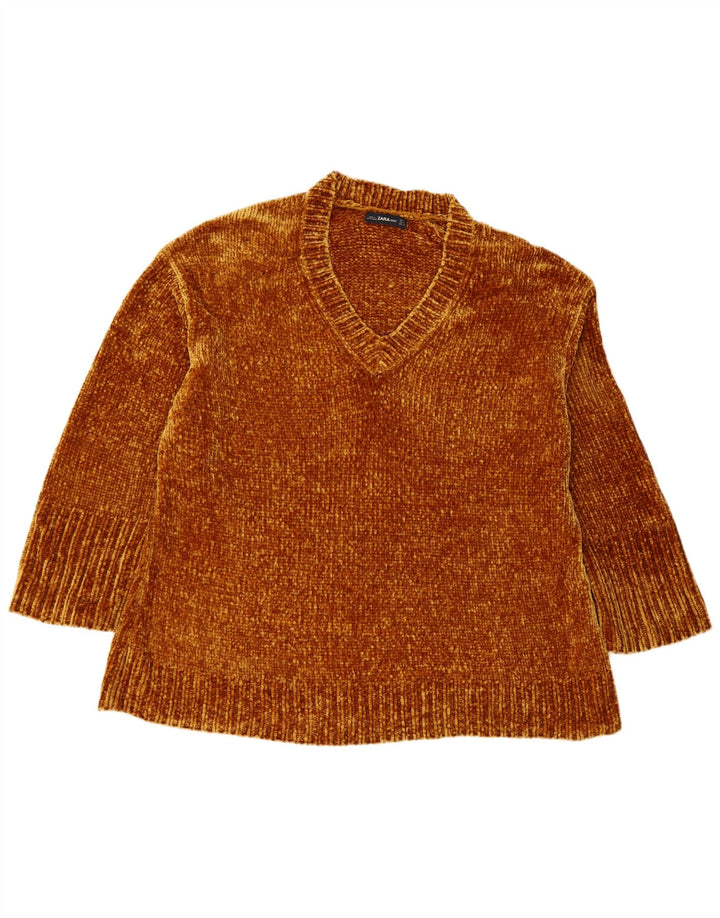 ZARA Suéter feminino oversized com decote em V Reino Unido 14 elastômero marrom médio