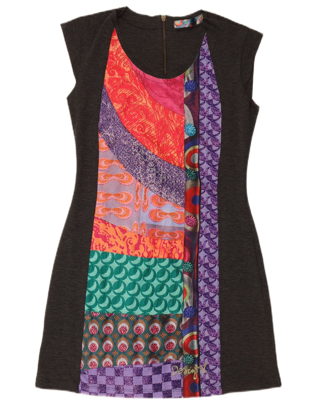 DESIGUAL Vestido feminino sem mangas com bainha UK 14 patchwork cinza médio