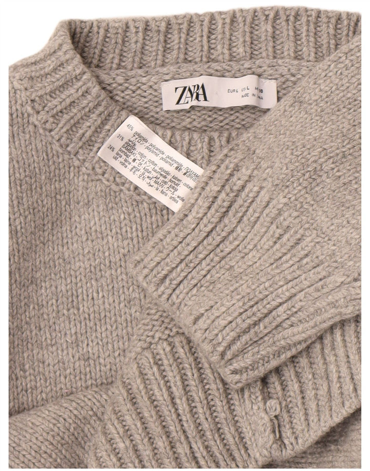 Zara Suéter feminino com gola redonda, Reino Unido 16, grande, cinza, poliamida