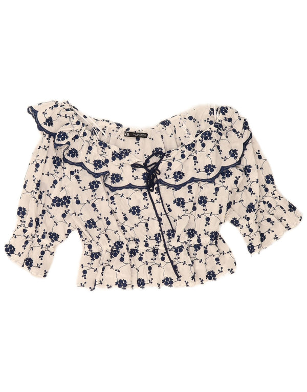 Blusa feminina Zara com ombro de fora, UK 14, grande, branco, floral, algodão