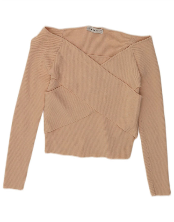 Zara Top feminino de manga comprida com ombros de fora UK 12 viscose bege médio