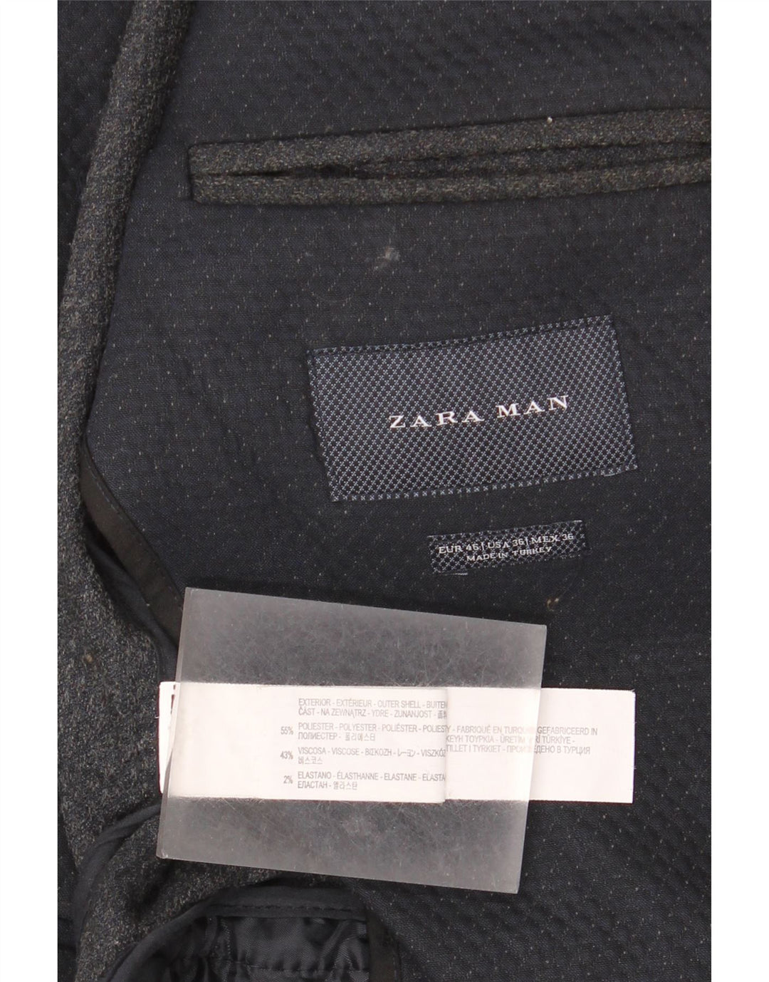 Jaqueta blazer masculina Zara com 2 botões EU 46 poliéster geométrico azul marinho pequeno