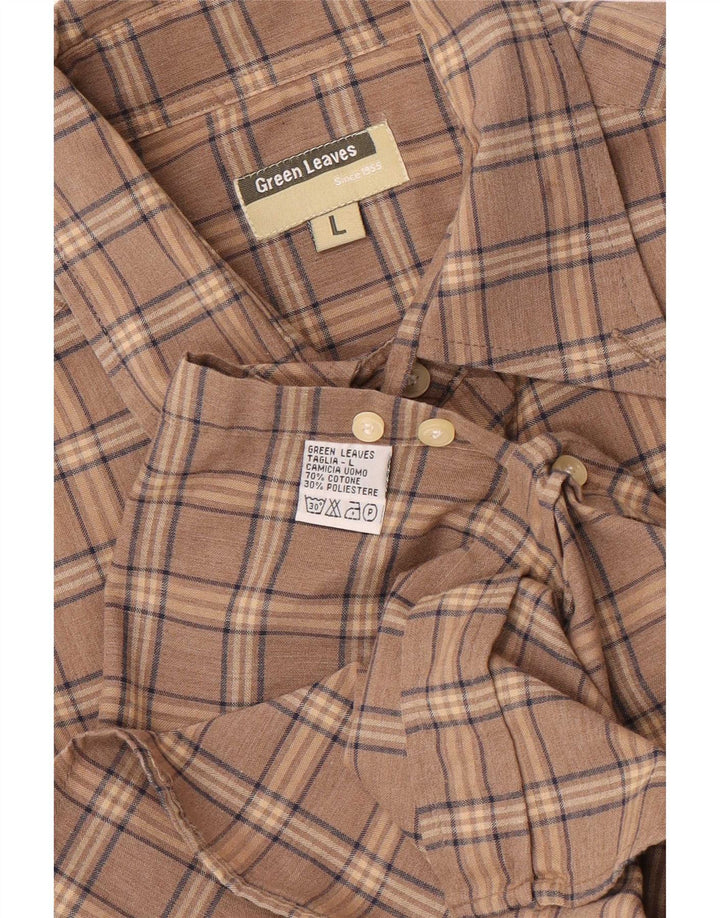Camisa masculina Green Leaves grande algodão xadrez marrom