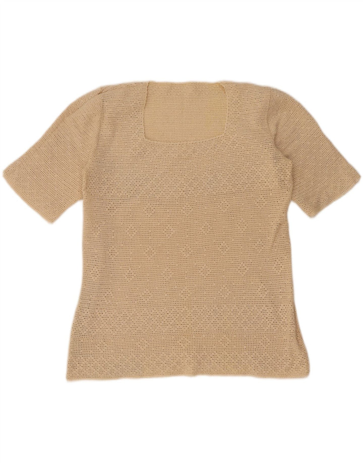 Blusa feminina vintage de crochê top UK 12 médio bege