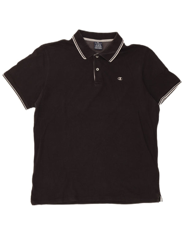 Camisa polo masculina de manga curta Champion XL preta listrada de algodão