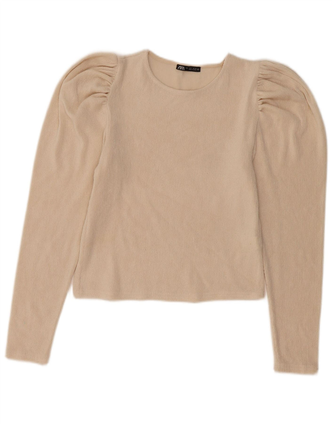 Zara Blusa Feminina Crop Manga Longa Top Reino Unido 10 Pequeno Poliéster Bege