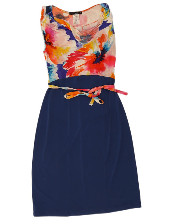 Vestido feminino vintage sem mangas com bainha UK 10 pequeno azul marinho viscose floral