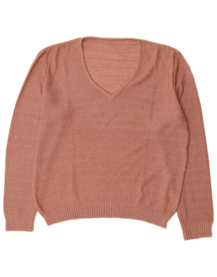 Suéter feminino vintage com decote em V Reino Unido 16 grande listrado rosa