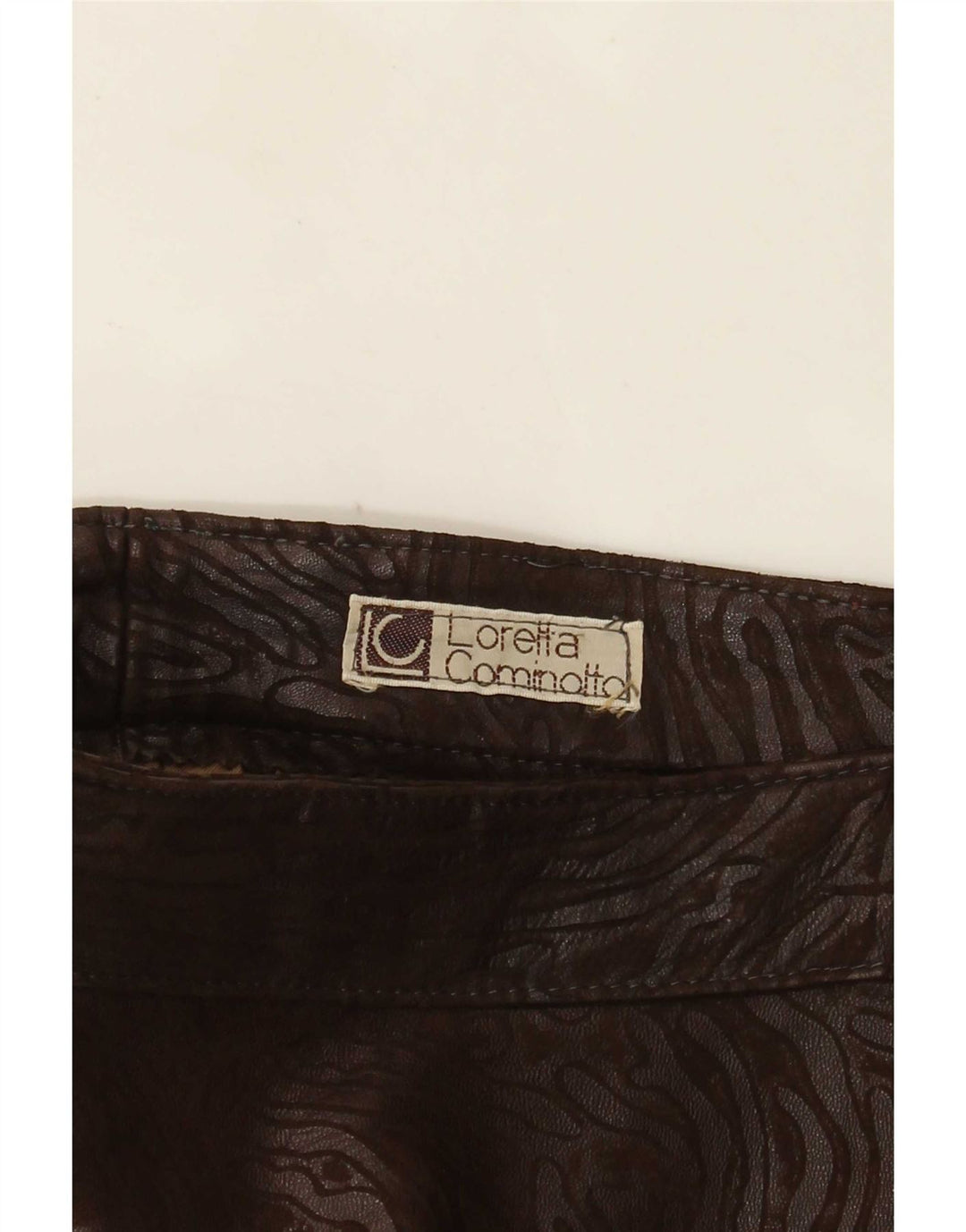 Saia de couro feminina vintage W28 marrom médio com estampa animal