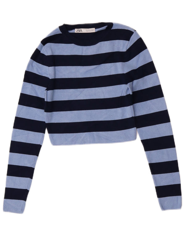 Blusa cropped feminina Zara UK 12 viscose listrada azul média