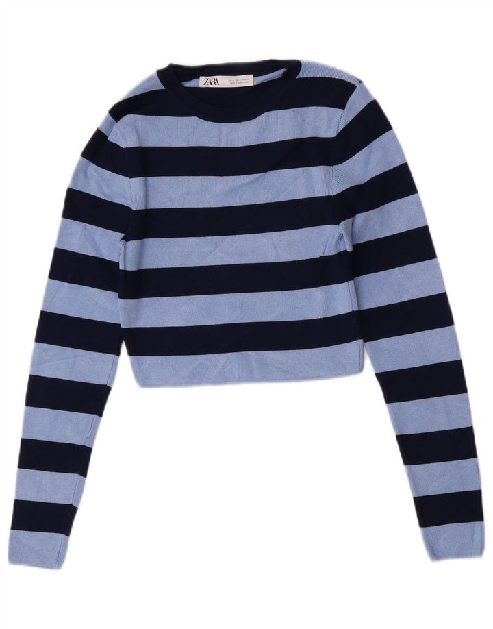 Blusa cropped feminina Zara UK 12 viscose listrada azul média