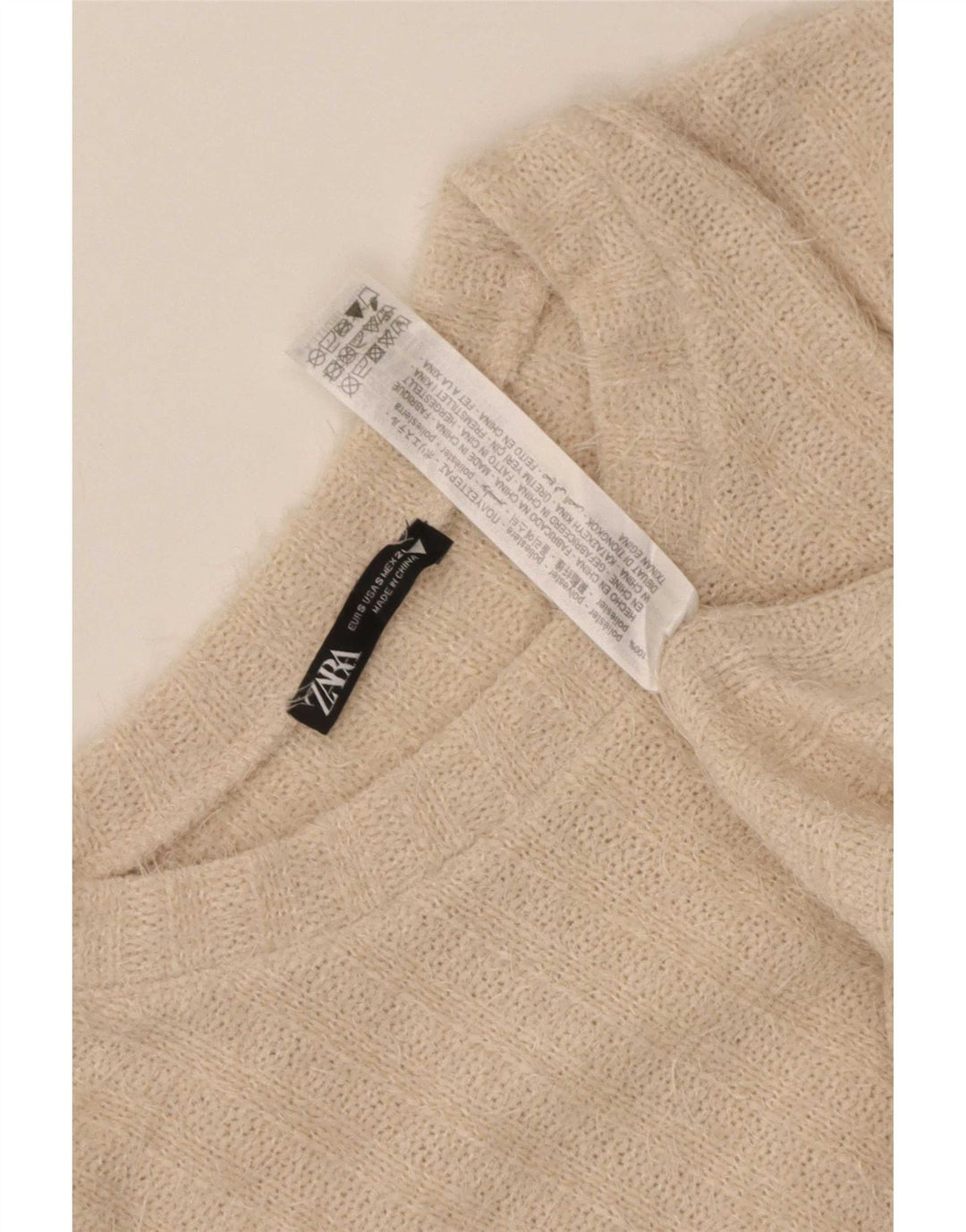Suéter feminino Zara com gola redonda e poliéster listrado bege pequeno Reino Unido 10