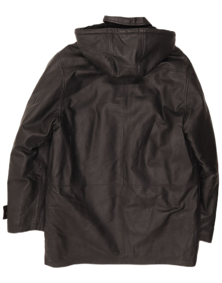 Jaqueta de couro masculina vintage com capuz IT 50 grande couro preto