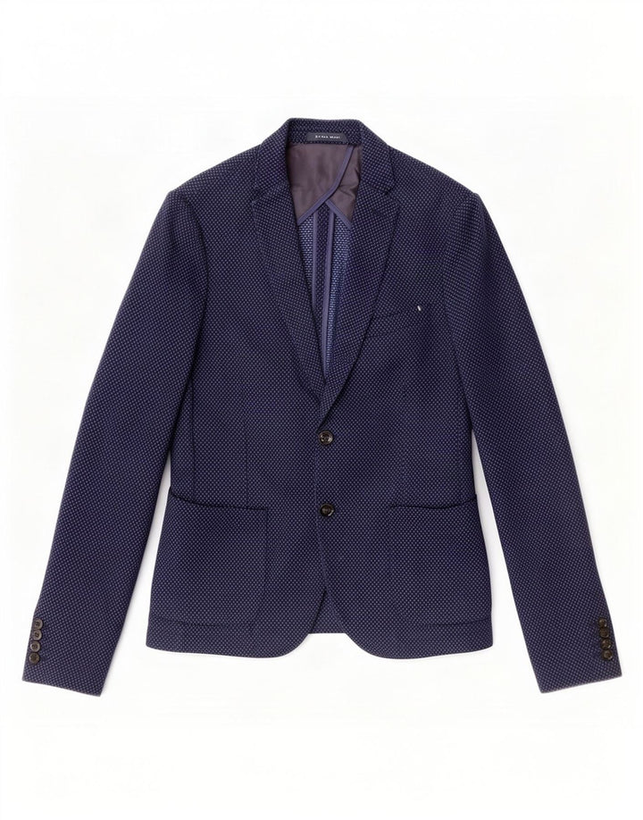 Jaqueta blazer masculina Zara com 2 botões EU 50 algodão manchado azul marinho médio