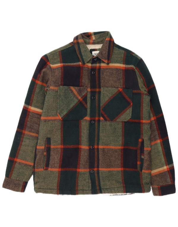 Camisa masculina ZARA de flanela de lenhador com ajuste relaxado, poliéster xadrez verde grande