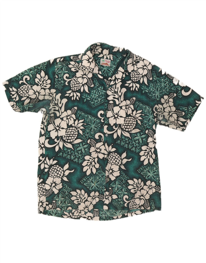 Camisa masculina vintage de manga curta grande verde floral
