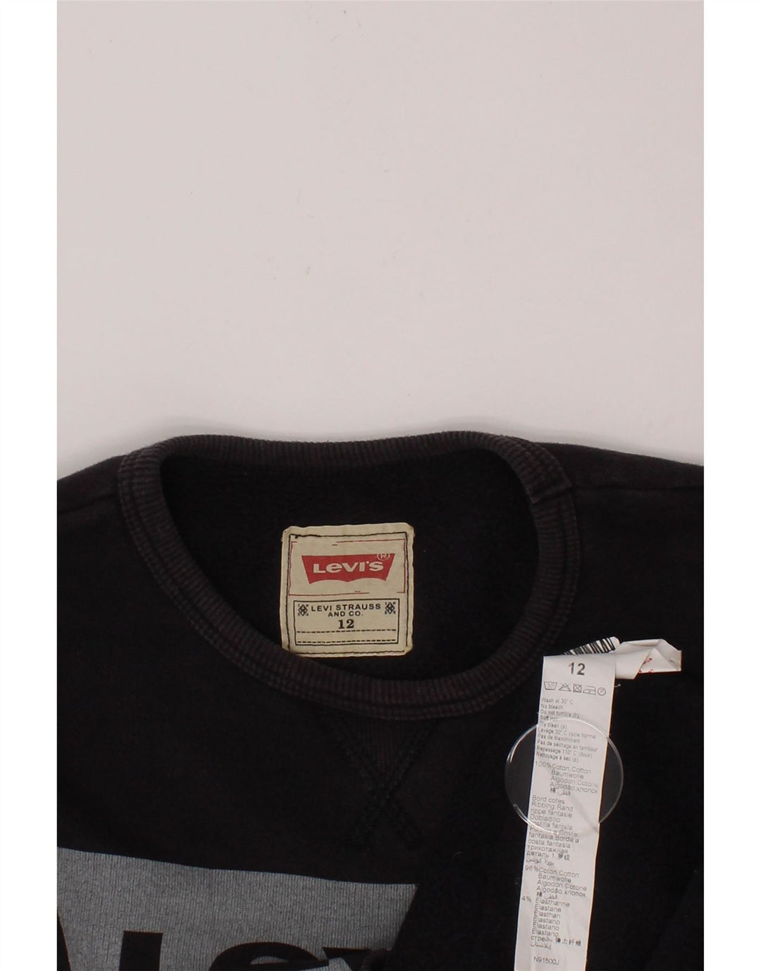 LEVI'S Boys Graphic Sweatshirt Jumper 11-12 Years Black Cotton Vintage Levi's and Second-Hand Levi's from Messina Hembry 