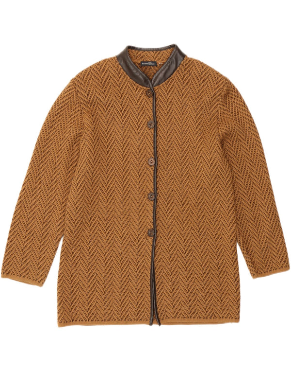 Suéter cardigã feminino vintage Reino Unido 14 lã chevron marrom médio