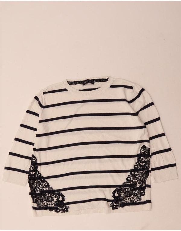 Suéter feminino Marks & Spencer com gola redonda UK 14 listrado branco médio