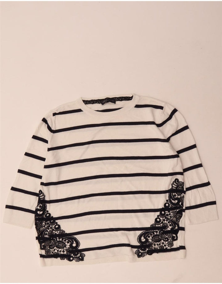 Suéter feminino Marks & Spencer com gola redonda UK 14 listrado branco médio