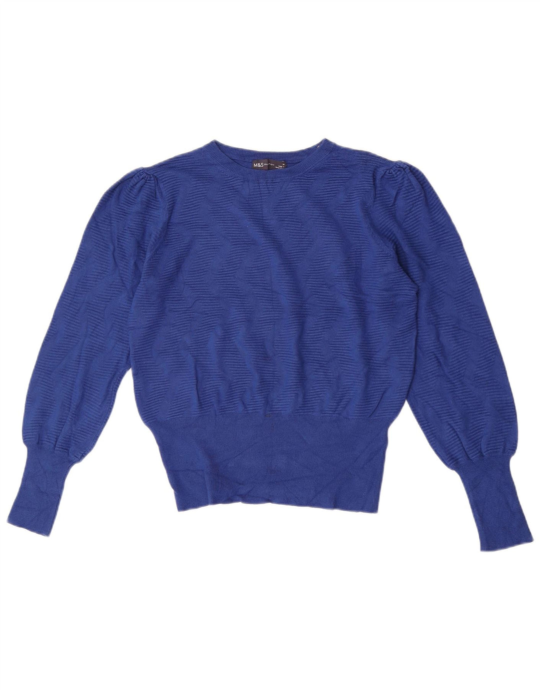 Suéter feminino Marks & Spencer com gola redonda Reino Unido 14 azul médio geométrico