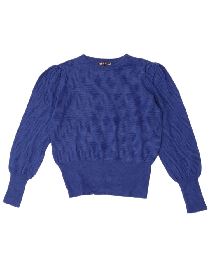 Suéter feminino Marks & Spencer com gola redonda Reino Unido 14 azul médio geométrico