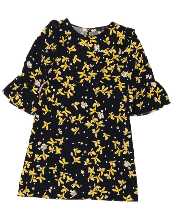 Vestido feminino Zara manga 3/4 linha A UK 6 XS preto floral poliéster