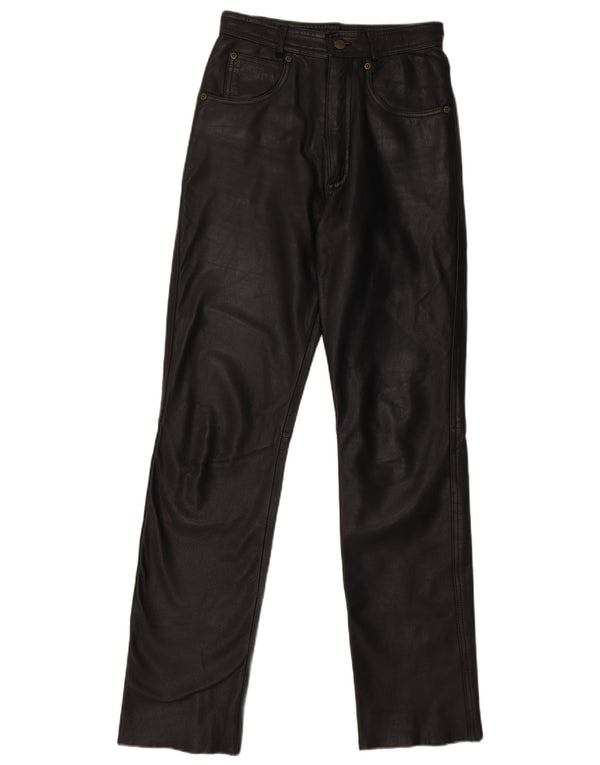 Calças de couro retas femininas vintage W27 L32 couro preto