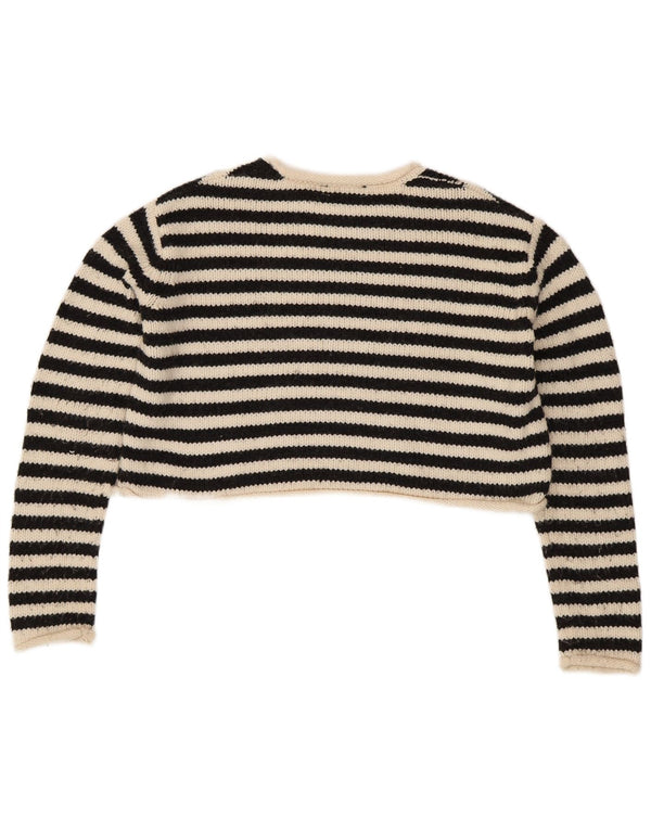 Zara Suéter feminino cropped com gola canoa UK 14 médio off white listrado