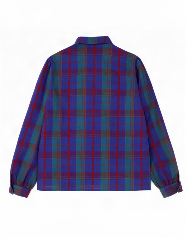 Blusa feminina vintage com babados na frente de manga comprida UK 12 xadrez azul médio