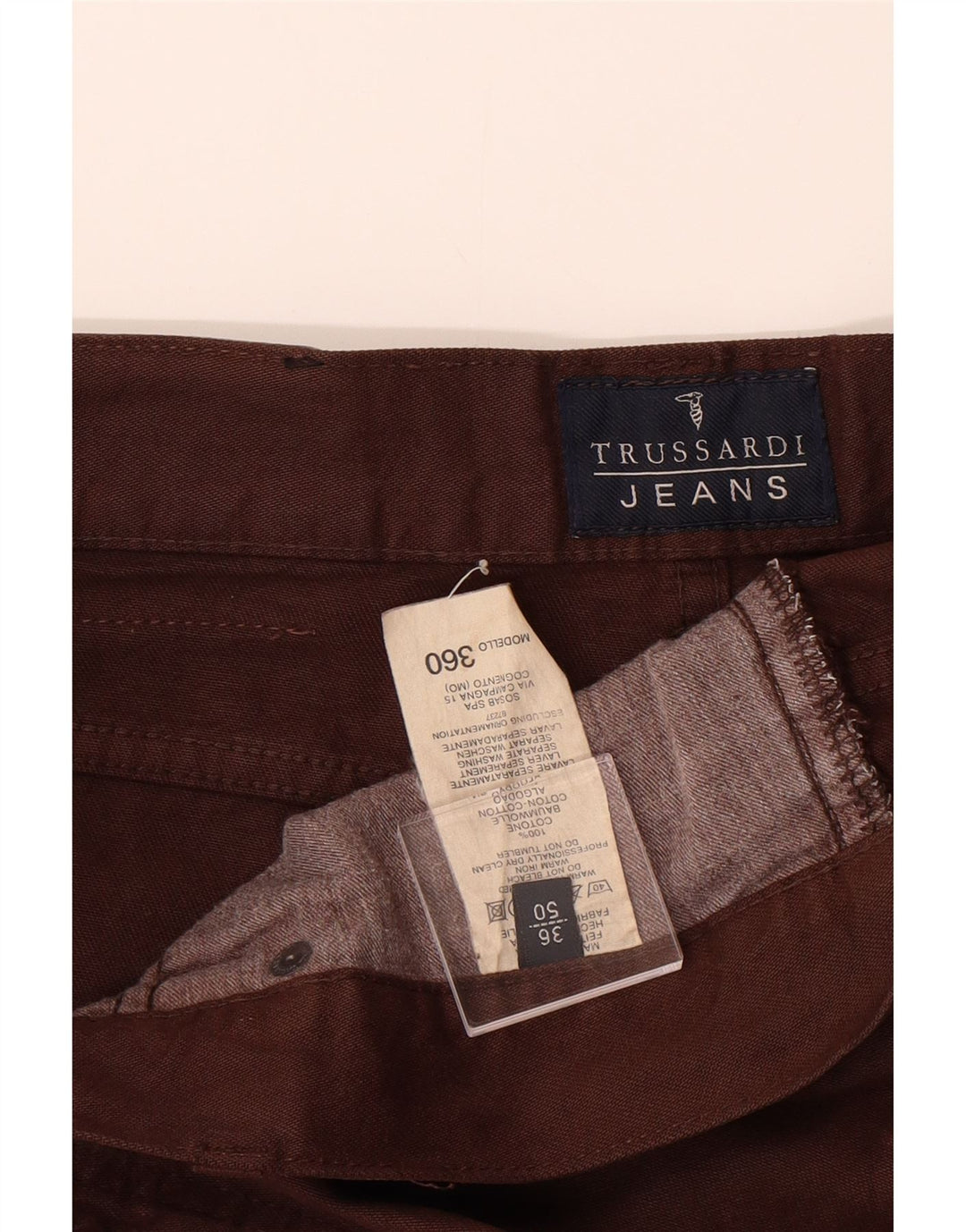 TRUSSARDI Mens Straight Casual Trousers W36 L31 Brown Cotton Vintage Trussardi and Second-Hand Trussardi from Messina Hembry 