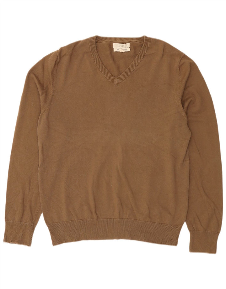Suéter masculino Marks & Spencer com decote em V, algodão marrom médio