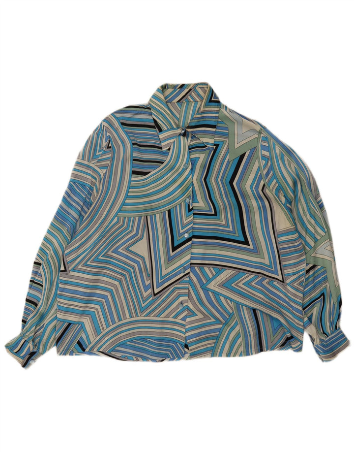 Camisa Vintage Feminina UK 20 2XL Azul Geométrica