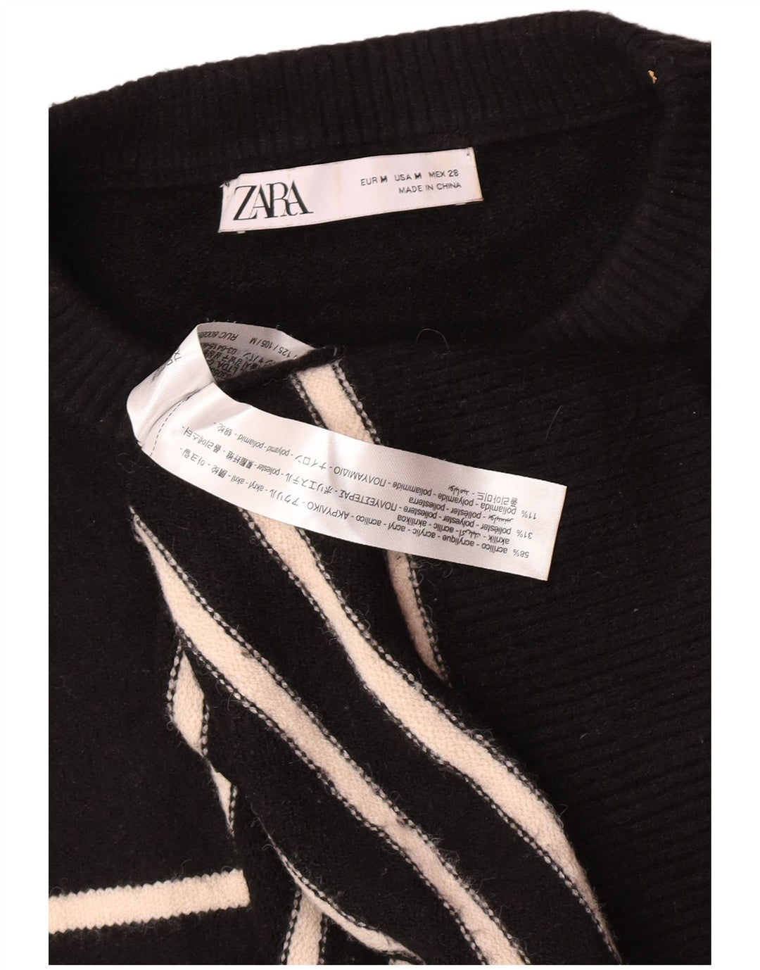 Suéter feminino Zara com gola redonda grande e listrado preto médio UK 14