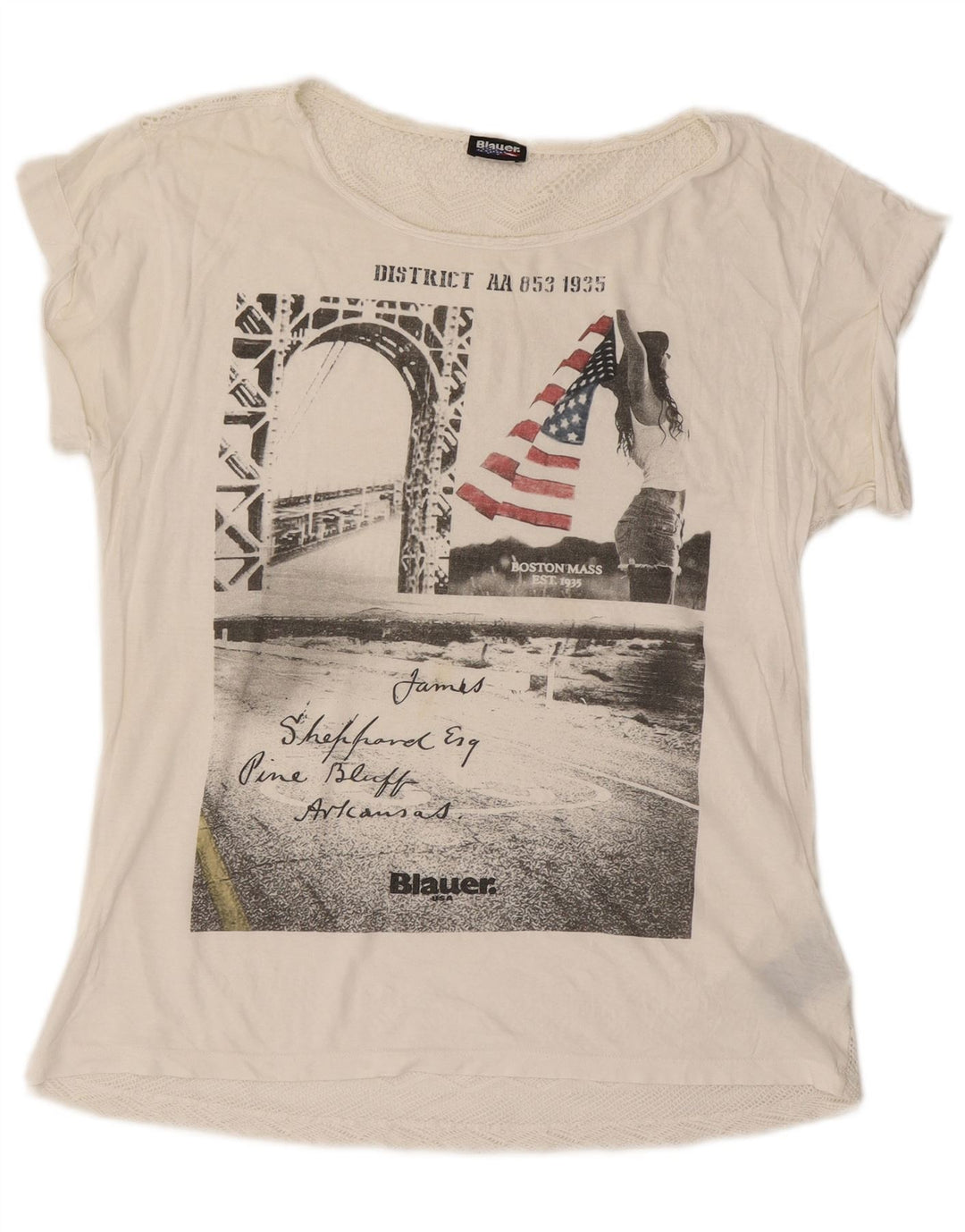 Camiseta feminina Blauer com estampa grande grande Reino Unido 10 pequeno algodão off white